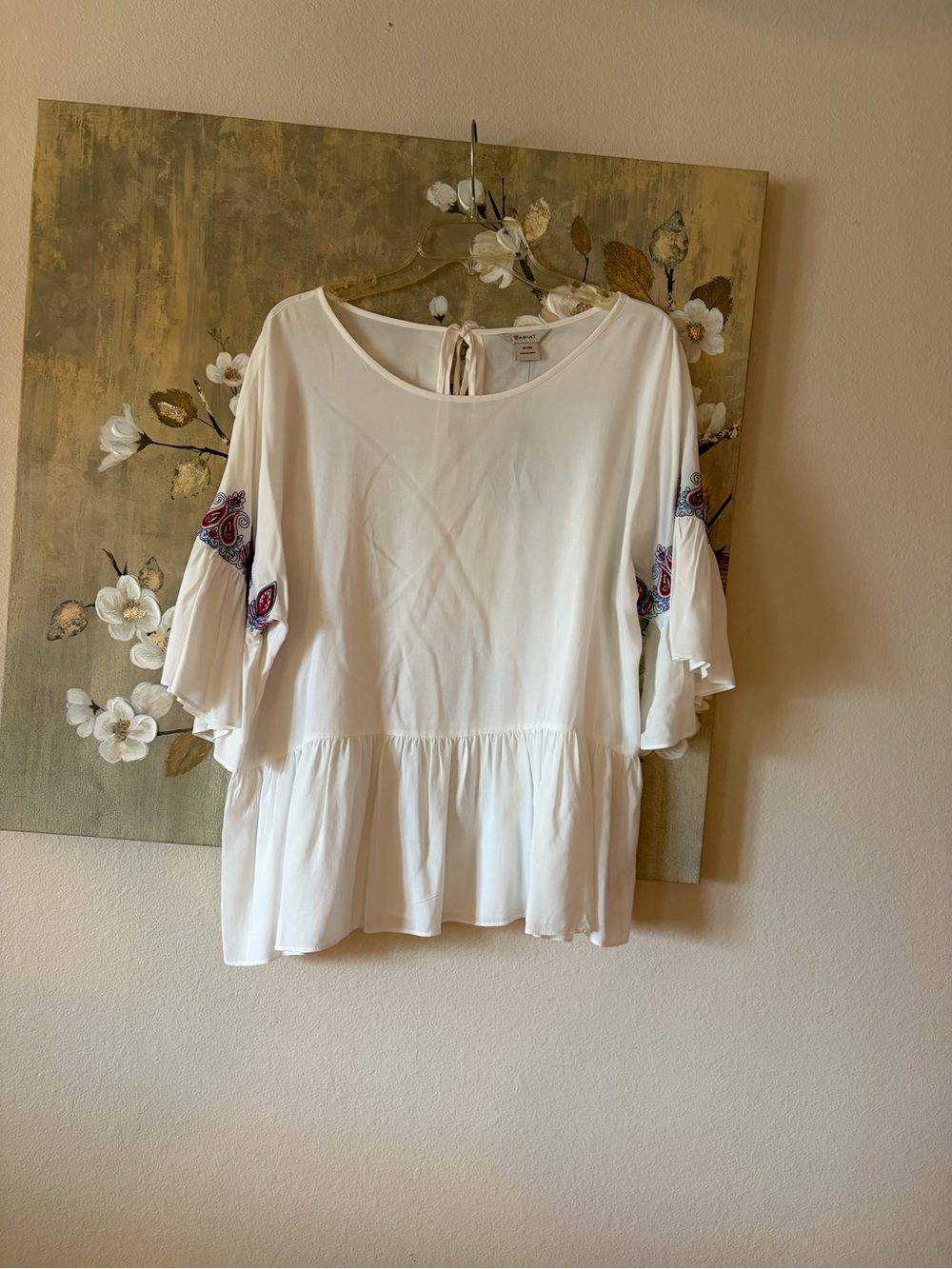 Ariat White Peplum Tunic with Embroidered Bell Sleeves